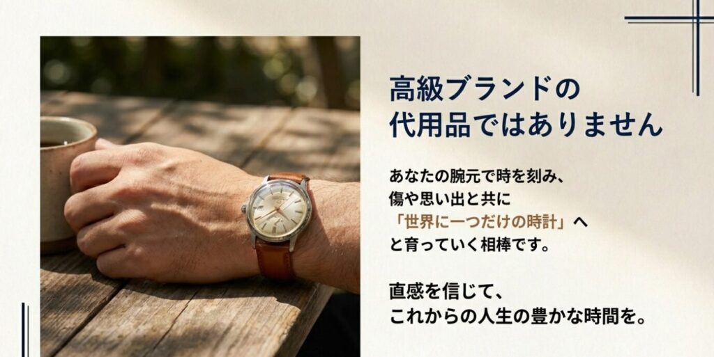 画像タイトル： 高級ブランドの代用品ではない、人生の相棒


代替テキスト： 木漏れ日の下でコーヒーを飲むリラックスした着用画像と共に、「代用品ではなく、傷や思い出と共に育っていく相棒」「これからの人生の豊かな時間を」というメッセージが添えられた結びのスライド 。