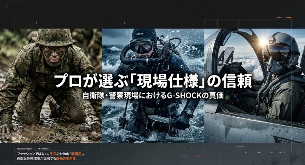 画像タイトル: 自衛隊・警察現場におけるG-SHOCKの真価

代替テキスト: G-SHOCK Field Operationsのタイトルスライド。自衛隊・警察仕様の信頼性と実用性を象徴するビジュアル。