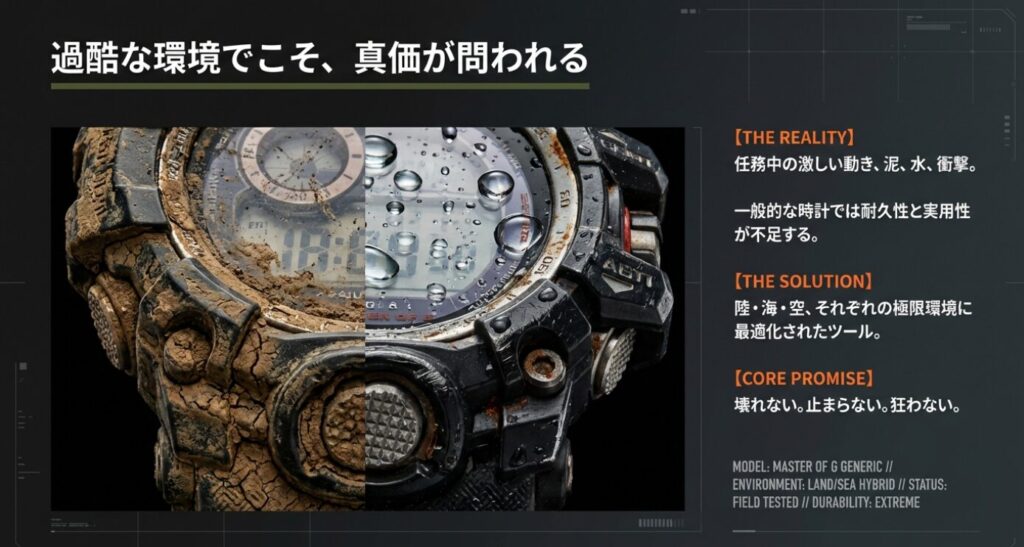 画像タイトル: G-SHOCKの耐久性：過酷な任務環境での実証

代替テキスト: 泥にまみれたG-SHOCKと洗浄後の比較画像。任務中の激しい動き、泥、水、衝撃に耐えうる耐久性と実用性（The Reality）を示している。