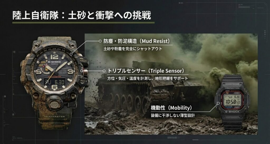 画像タイトル: 陸上自衛隊仕様：防塵・防泥構造のマッドマスター

代替テキスト: 陸上自衛隊の任務環境に最適化されたG-SHOCK MUDMASTER。土砂や粉塵を防ぐマッドレジスト構造と、地形把握をサポートするトリプルセンサーの解説。