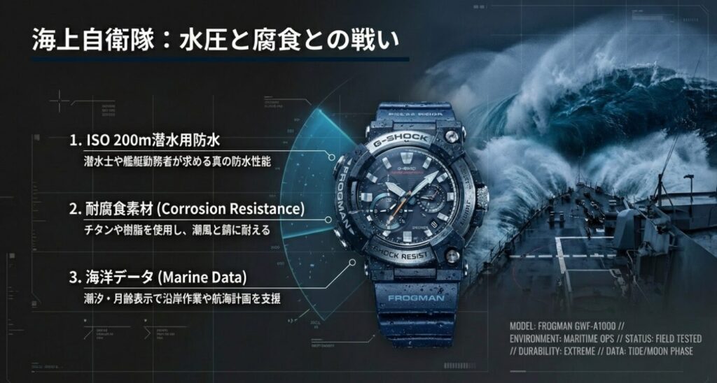 画像タイトル: 海上自衛隊仕様：防水・耐腐食のフロッグマン

代替テキスト: 海上自衛隊の任務環境に最適化されたG-SHOCK FROGMAN。ISO200m潜水用防水機能、耐腐食チタン素材、潮汐データ表示機能を解説。