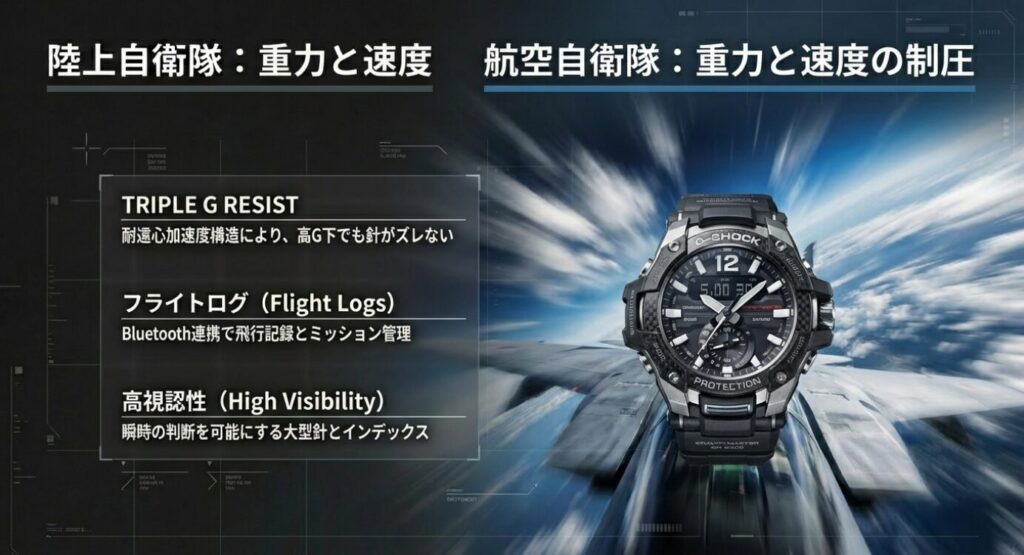 画像タイトル: 航空自衛隊仕様：耐遠心重力のグラビティマスター

代替テキスト: 航空自衛隊の任務環境に最適化されたG-SHOCK GRAVITYMASTER。高G下でも針がズレないTRIPLE G RESIST構造と、フライトログ機能を解説。