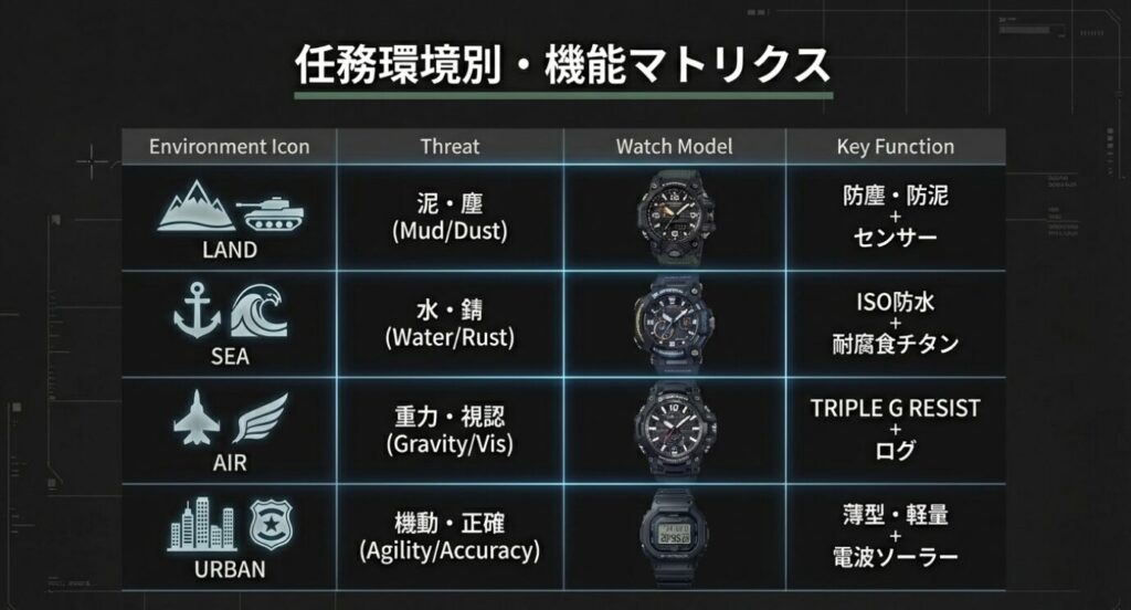 画像タイトル: G-SHOCK 任務環境別・機能比較マトリクス

代替テキスト: 陸・海・空・都市（警察）それぞれの脅威（泥、水、重力、機動性）に対し、どのG-SHOCKモデルと機能が最適化されているかを示した一覧表。