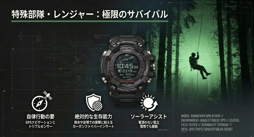 画像タイトル: 特殊部隊レンジャー仕様：GPSナビゲーション搭載レンジマン

代替テキスト: 特殊部隊・レンジャーの生存能力を支えるG-SHOCK RANGEMAN。GPSナビゲーション、ソーラーアシスト、カーボンファイバーインサートによる極限サバイバル仕様を解説。