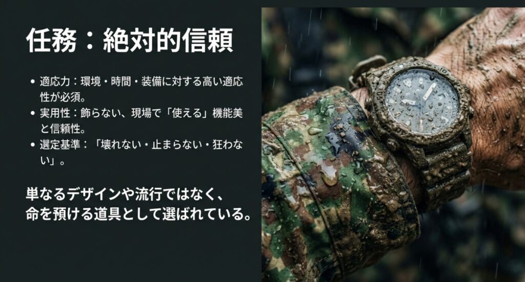 画像タイトル: 任務における絶対的信頼：壊れない・止まらない・狂わない

代替テキスト: 泥にまみれたG-SHOCKの着用画像。環境への適応力、実用性、そして「命を預ける道具」としての信頼性を表現している。