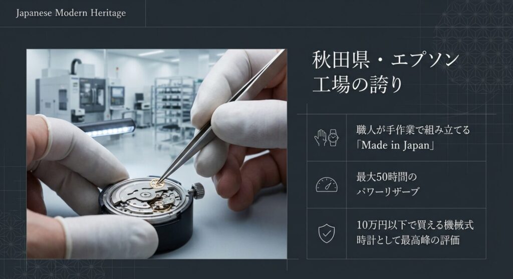 画像タイトル： 秋田・エプソン工場での熟練の職人技

代替テキスト： 白衣を着た職人がピンセットで時計のムーブメントを組み立てる様子と、「Made in Japan」「最大50時間のパワーリザーブ」というスペックが記載されたスライド。