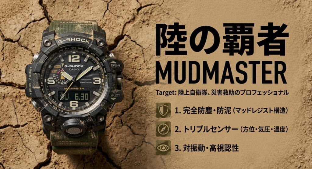 画像タイトル: 陸の覇者：完全防塵・防泥のマッドマスター

代替テキスト: 陸上自衛隊や災害救助のプロに向けたG-SHOCK MUDMASTER。マッドレジスト構造、トリプルセンサー、対振動性能などの主要機能を解説。