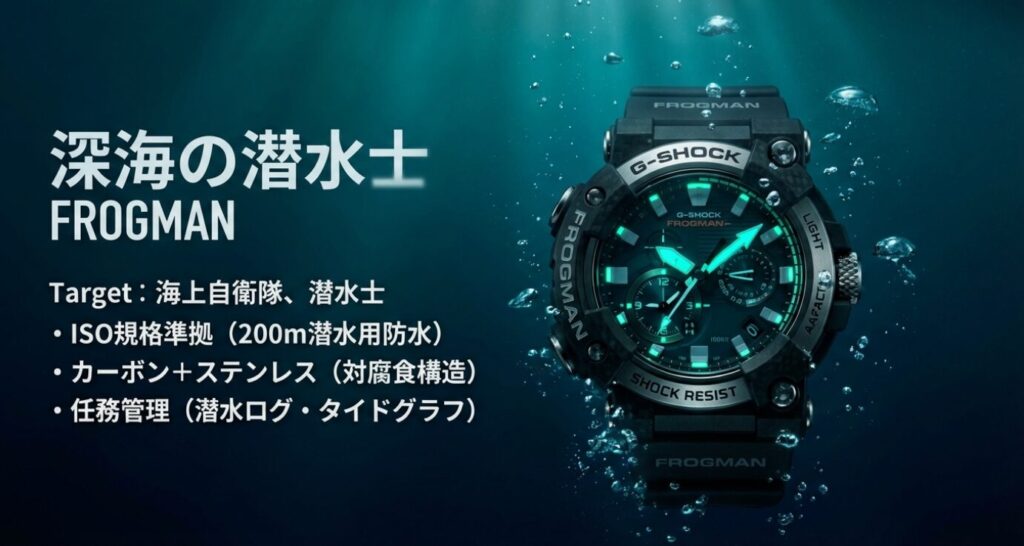 画像タイトル: 深海の潜水士：ISO規格準拠のフロッグマン

代替テキスト: 海上自衛隊や潜水士に向けたG-SHOCK FROGMAN。200m潜水用防水、カーボンとステンレスによる対腐食構造、ダイビングログ機能を解説。