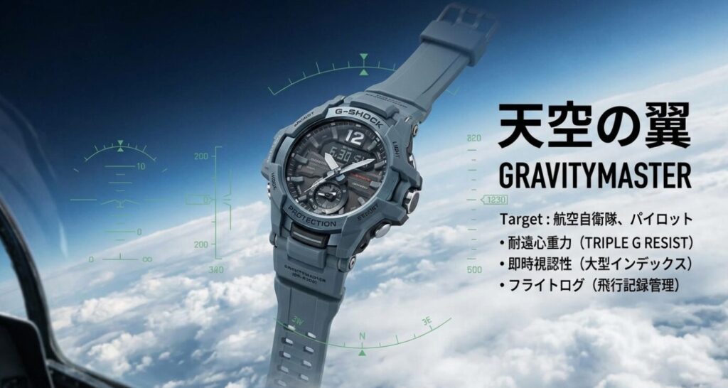画像タイトル: 天空の翼：耐遠心重力のグラビティマスター

代替テキスト: 航空自衛隊やパイロットに向けたG-SHOCK GRAVITYMASTER。TRIPLE G RESISTによる耐遠心重力性能、大型インデックスによる即時視認性、フライトログ機能を解説。