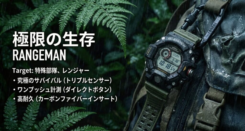 画像タイトル: 極限の生存：トリプルセンサー搭載レンジマン

代替テキスト: 特殊部隊やレンジャーに向けたG-SHOCK RANGEMAN。サバイバルに不可欠なトリプルセンサー、ワンプッシュ計測ボタン、カーボンファイバーインサートによる高耐久性を解説。