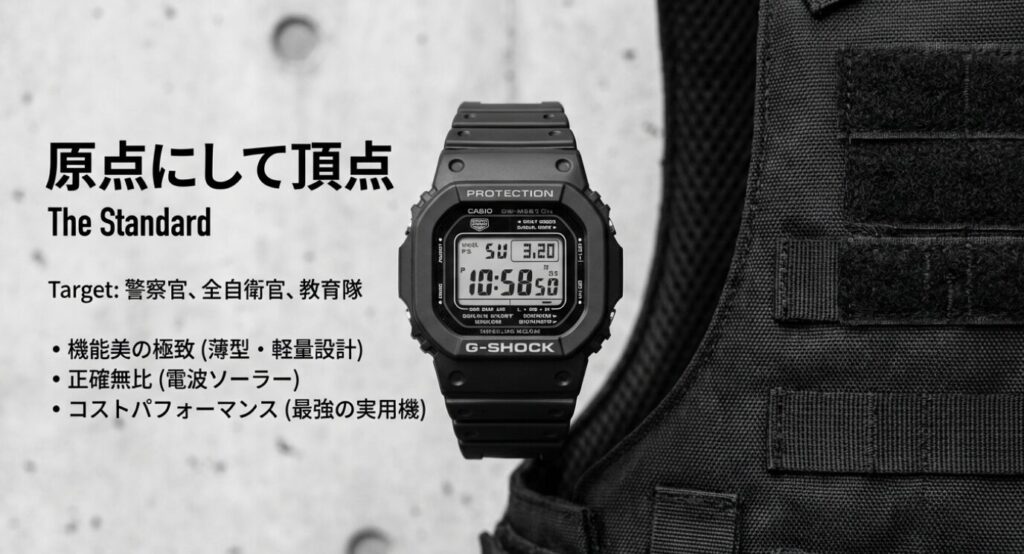 画像タイトル: 原点にして頂点：現場で支持されるスタンダードモデル

代替テキスト: 警察官や全自衛官に支持されるG-SHOCKのスタンダードモデル。機能美を極めた薄型・軽量設計、電波ソーラーによる正確性、高いコストパフォーマンスを解説。