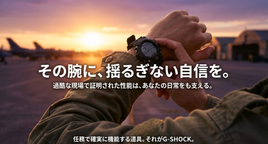 画像タイトル: 揺るぎない自信をその腕に

代替テキスト: 記事の締めくくり。「過酷な現場で証明された性能は、あなたの日常をも支える」というメッセージと、G-SHOCKのロゴ。