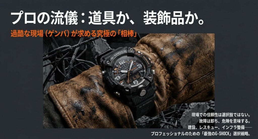 画像タイトル: 現場が求める究極の相棒 代替テキスト: 革手袋を着用した腕に装着されたG-SHOCK。傷や汚れのあるレザーの質感が、過酷な現場での信頼性を物語っている。
