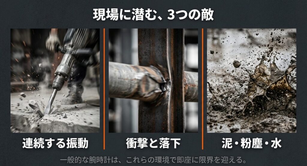 画像タイトル: 現場に潜む3つの敵 代替テキスト: ドリルの振動、鉄骨への衝撃、飛び散る泥水など、現場作業における「振動・衝撃・泥」の過酷さを表したイメージ画像。