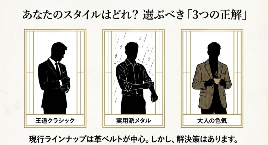 画像タイトル： あなたに最適なスタイルを選ぶ3つの正解

代替テキスト： 「王道クラシック」「実用派メタル」「大人の色気」という3つのスタイルをシルエットで表現した、選び方のガイドスライド。