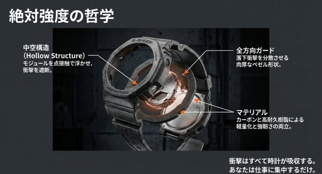 画像タイトル: 絶対強度の哲学・中空構造 代替テキスト: 時計内部のモジュールを点接触で浮かせる「中空構造」の図解。外部からの衝撃を遮断する仕組みが示されている。