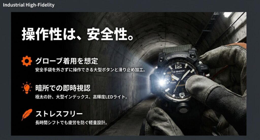 画像タイトル: プロ仕様の操作性と視認性 代替テキスト: 安全手袋をしたままでも操作しやすい大型ボタンと滑り止め加工、暗所でも見やすい極太の針を備えた文字盤のクローズアップ。