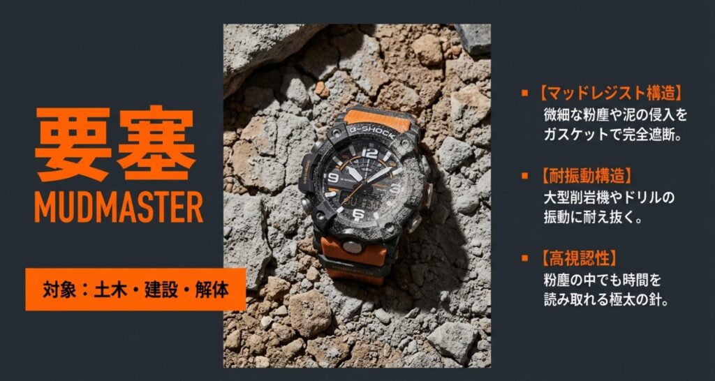 画像タイトル: 防塵防泥の要塞 MUDMASTER 代替テキスト: 瓦礫と砂埃の中に置かれたオレンジと黒のMUDMASTER。ガスケットで泥を遮断する強固なデザインが強調されている。