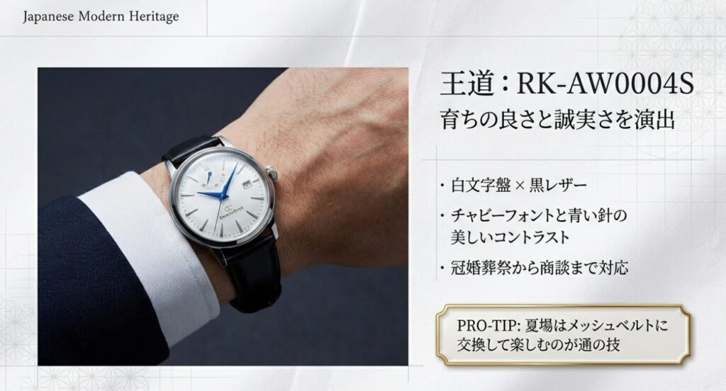 画像タイトル： 王道の選択：RK-AW0004S

代替テキスト： スーツの袖口から見える白文字盤と黒レザーベルトのRK-AW0004Sの着用画像。「育ちの良さと誠実さを演出」という解説付き。