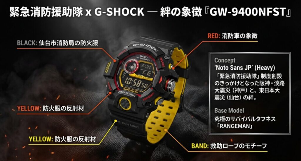 画像タイトル: 緊急消防援助隊 x G-SHOCK 絆の象徴モデル 代替テキスト: 仙台市消防局の防火服(ブラック)と消防車のレッド、反射材のイエローを取り入れた『GW-9400NFST』のデザイン詳細。救助ロープをモチーフにしたバンドなどが紹介されている。