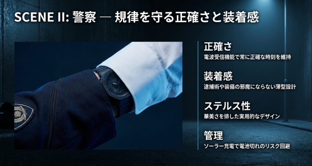 画像タイトル: SCENE II: 警察 ― 規律を守る正確さと装着感 代替テキスト: 警察官に求められる機能として「正確さ」「装着感」「ステルス性」「管理(ソーラー充電)」の4点を挙げ、実務に適した薄型・実用的なデザインの重要性を解説。