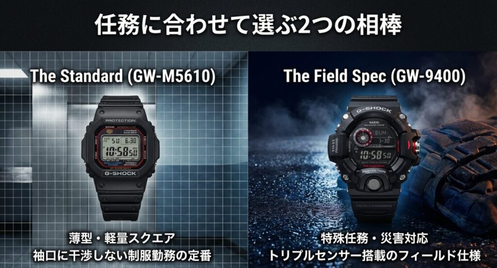 画像タイトル: 任務に合わせて選ぶ2つの相棒:スタンダード vs フィールド仕様 代替テキスト: 制服勤務の定番である薄型・軽量の「The Standard (GW-M5610)」と、特殊任務向けの多機能モデル「The Field Spec (GW-9400)」の比較画像。