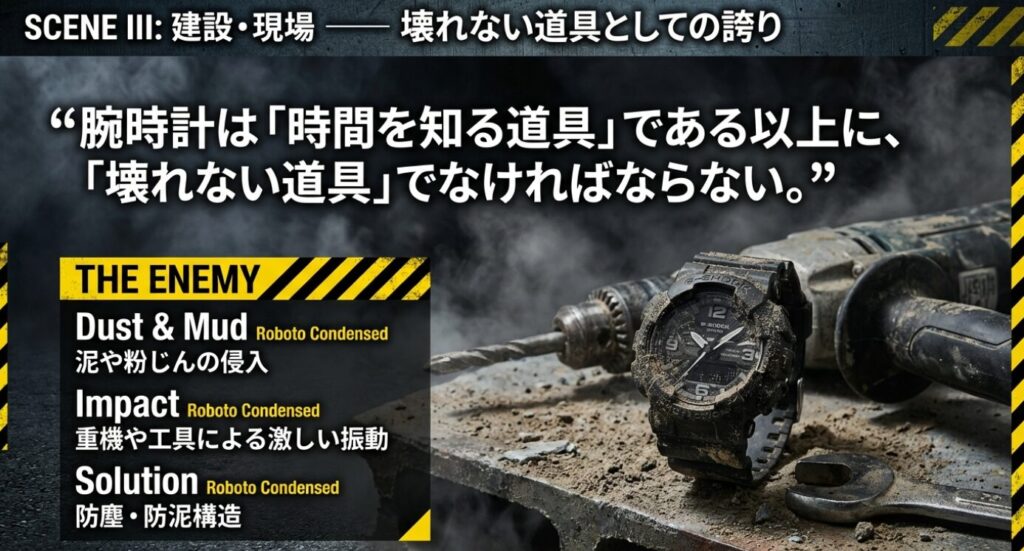 画像タイトル: SCENE III: 建設・現場 ― 壊れない道具としての誇り 代替テキスト: 建設現場の敵である「泥・粉じん」「衝撃」に対するソリューションとしての防塵・防泥構造を紹介。「腕時計は壊れない道具でなければならない」というメッセージ。