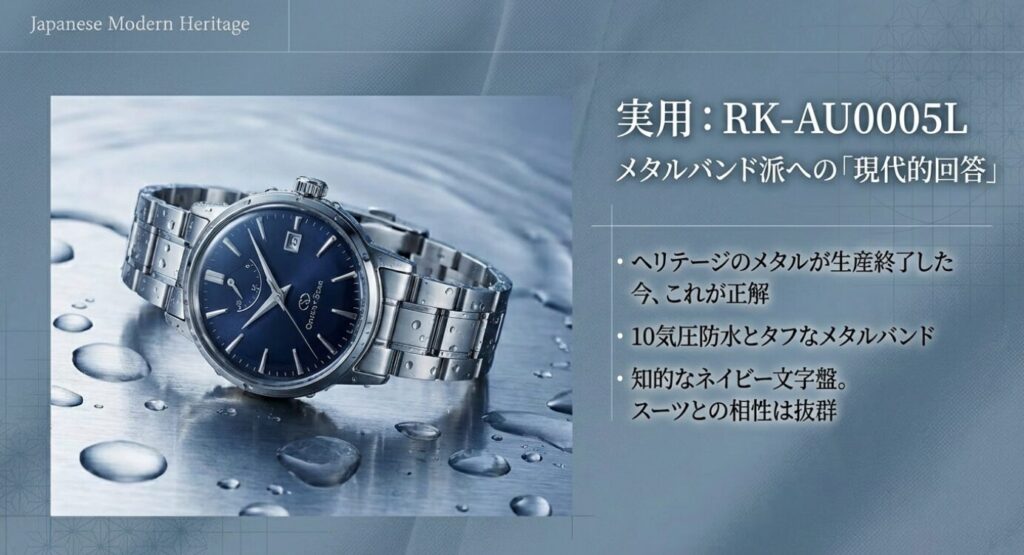 画像タイトル： 実用派の現代的回答：RK-AU0005L

代替テキスト： 水しぶきの中に置かれた、タフで知的なネイビー文字盤のメタルバンドモデルRK-AU0005Lのスライド。