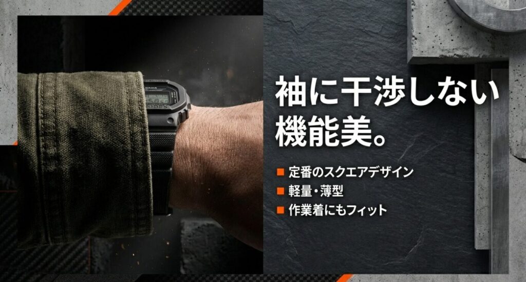 画像タイトル: 袖に干渉しない機能美
代替テキスト: 定番のスクエアデザインが軽量・薄型であり、作業着の袖口にもフィットする機能美を持っていることを解説するスライド