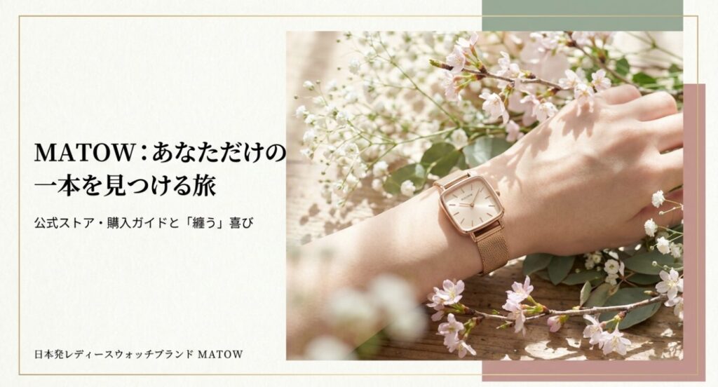画像タイトル: MATOW - あなただけの一本を見つける旅
代替テキスト: 桜の花に囲まれた女性の手首に、ピンクゴールドのスクエア型腕時計MATOWが着用されているイメージ写真。