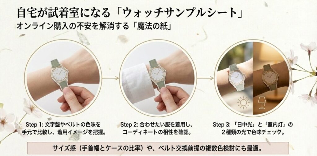 画像タイトル: 自宅が試着室になるウォッチサンプルシートの使い方
代替テキスト: 紙の時計サンプルを手首に当てて、サイズ感や服とのコーディネート、光による色味の違いを確認する3つのステップを図解したイラスト。