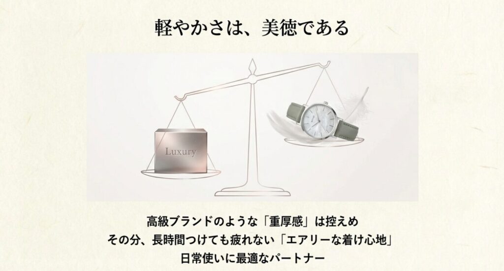 画像タイトル: 高級感の重みと、MATOWの軽やかさの比較
代替テキスト: 天秤のイラストで、重厚な「Luxury」の箱と、軽やかな「MATOWの腕時計」を比較し、長時間つけても疲れないエアリーな着け心地を表現した図。