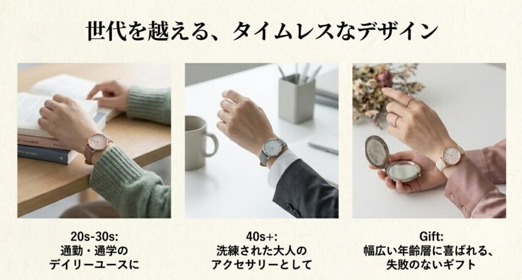 画像タイトル: 20代から40代以上まで、世代を越えて愛されるデザイン
代替テキスト: 20代・30代の通勤通学利用から、40代以上の洗練されたアクセサリーとしての利用まで、幅広い年齢層にマッチすることを説明したイメージ画像。