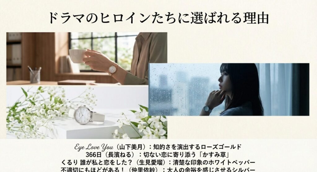 画像タイトル: 人気ドラマのヒロインたちに選ばれるMATOW
代替テキスト: 『Eye Love You』や『366日』など、人気ドラマのワンシーンと共に、劇中で着用されたMATOWの腕時計を紹介するコラージュ画像。