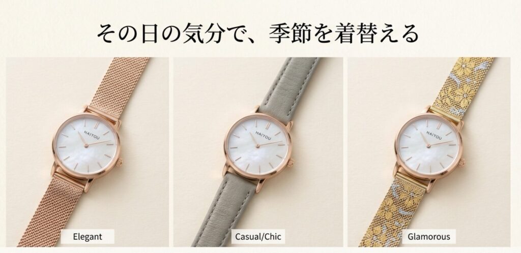 画像タイトル: その日の気分で季節を着替える、ワンタッチベルト交換
代替テキスト: 引き通しベルトやメッシュベルトなど、異なる素材や色のベルトを付け替えることで、一本の時計が多彩な表情に変化する様子を示した写真。