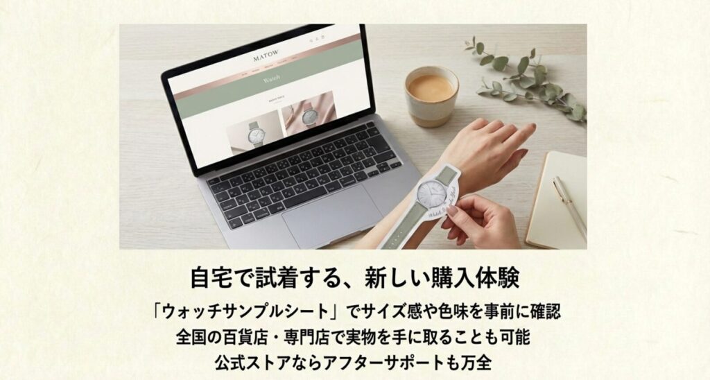 画像タイトル: オンラインでも安心、自宅で試着する新しい購入体験
代替テキスト: パソコンでMATOW公式サイトを開きながら、紙製のウォッチサンプルシートを手首に当ててサイズ感を確認している女性の手元の写真。