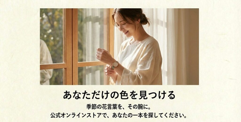画像タイトル: あなただけの色を見つける、MATOWのある暮らし
代替テキスト: 柔らかな光が差し込む窓辺で、MATOWの腕時計を身に着けて微笑む女性のポートレート。「季節の花言葉を、その腕に。」というメッセージ。