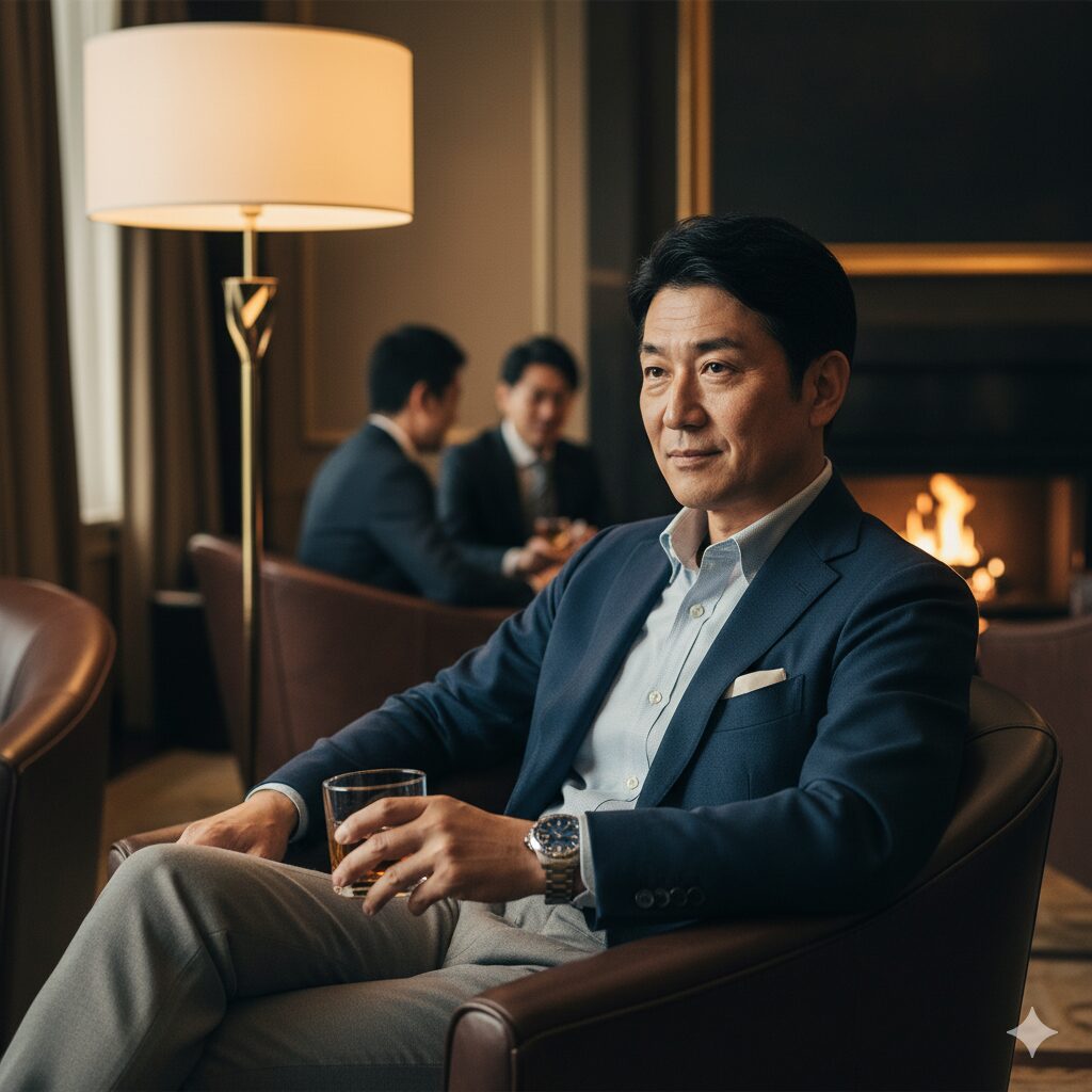上品なラウンジでリラックスした様子でオシアナスを着用している50代の日本人男性。