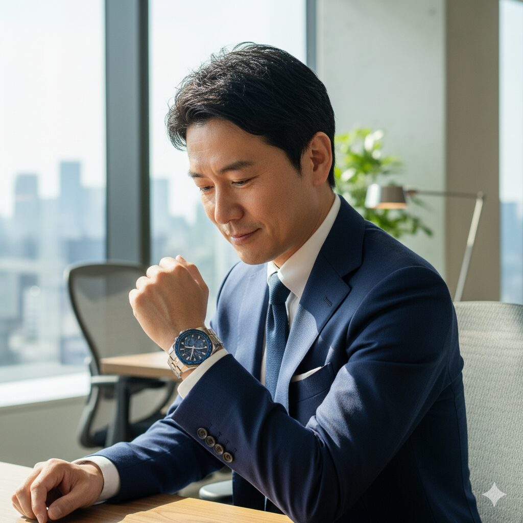 モダンなオフィスでオシアナスを腕に自信のある表情を浮かべる40代の日本人ビジネスマン。