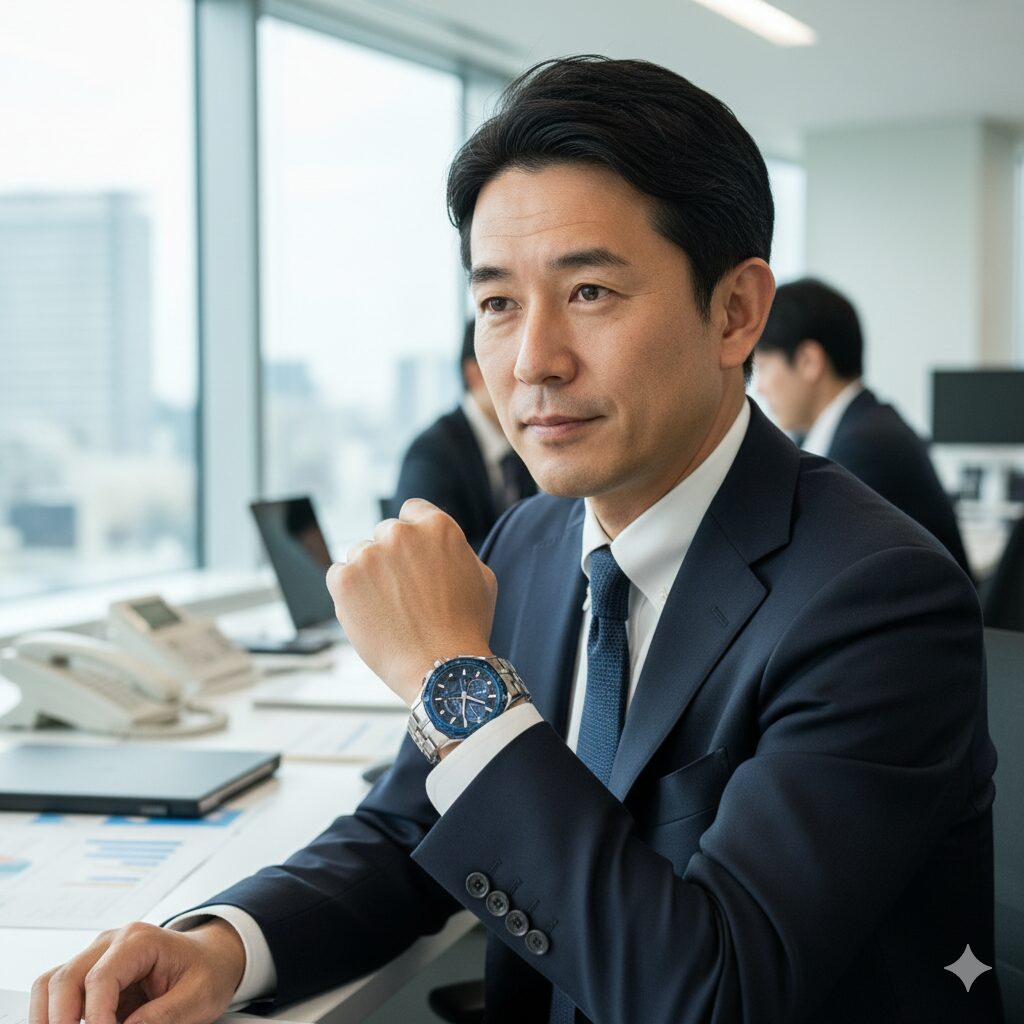 オフィスでデスクに座り、腕に着けた青い文字盤の腕時計を落ち着いた表情で眺める45歳の日本人男性部長。