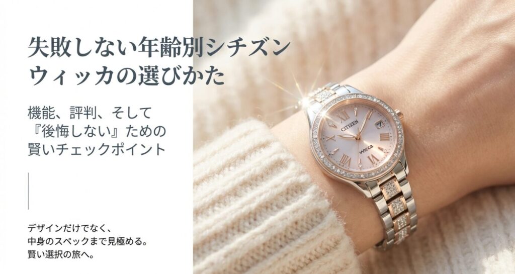 画像タイトル: 失敗しないウィッカの選び方・賢いチェックポイント
代替テキスト: 「失敗しない年齢別シチズン ウィッカの選びかた」「機能、評判、そして『後悔しない』ための賢いチェックポイント」というタイトルスライド。
