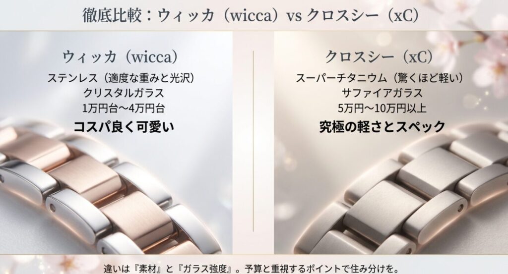 画像タイトル: 徹底比較:ウィッカ(wicca) vs クロスシー(xC)
代替テキスト: ウィッカとクロスシーの素材、ガラス、価格帯の違いを比較したスライド。ウィッカは「コスパ良く可愛い」、クロスシーは「究極の軽さとスペック」と定義している。