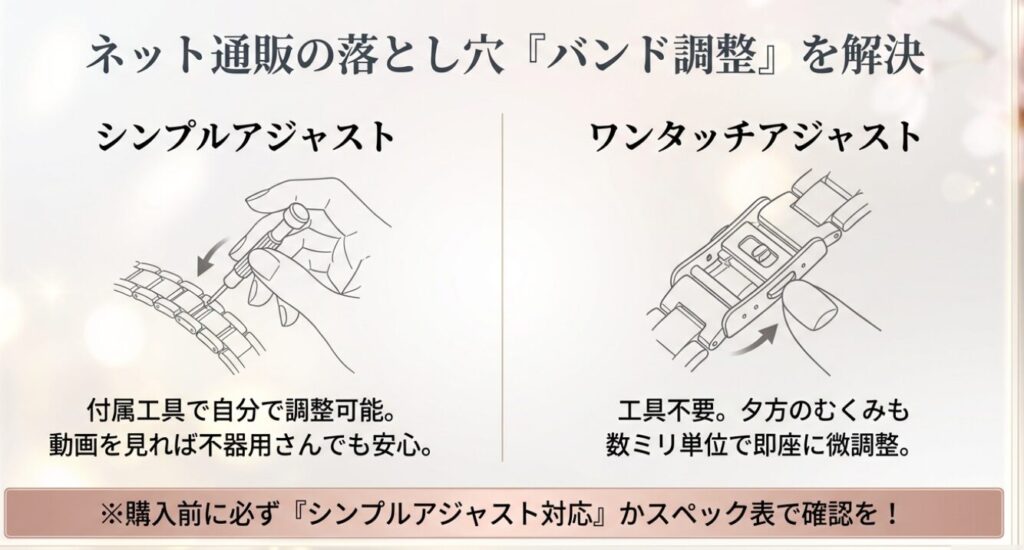 画像タイトル: ネット通販の不安を解消する「シンプルアジャスト」
代替テキスト: 付属工具を使って自分でバンド調整を行う「シンプルアジャスト」と、指で微調整できる「ワンタッチアジャスト」のイラスト解説図。