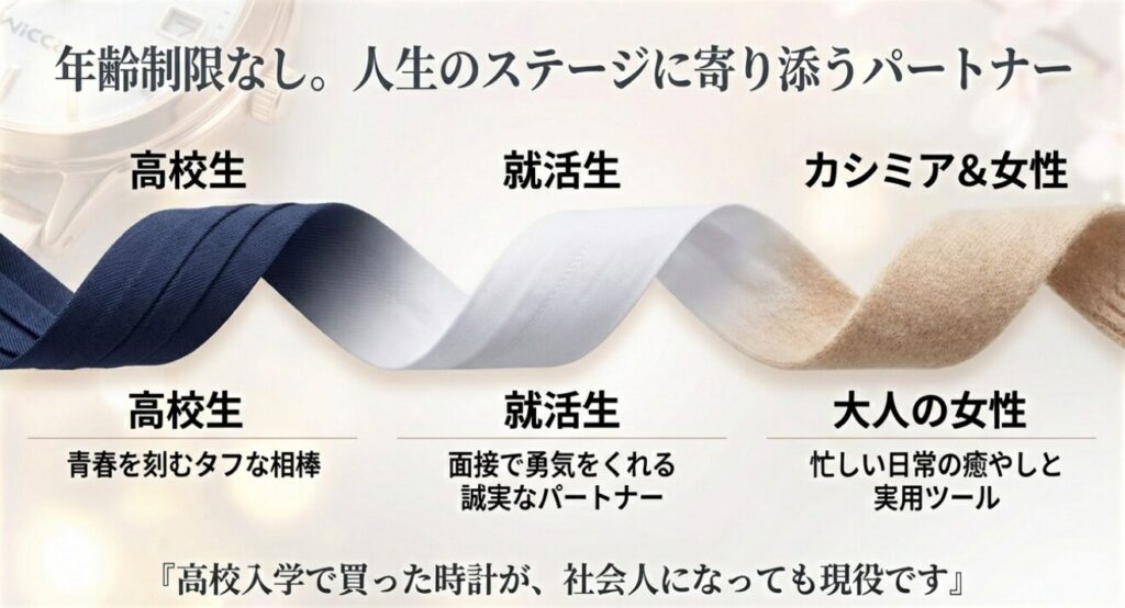 画像タイトル: 年齢制限なし:人生のステージに寄り添うウィッカ
代替テキスト: 高校生、就活生、大人の女性それぞれのライフステージにおけるウィッカの役割(タフな相棒、誠実なパートナー、実用ツール)を図示したスライド。