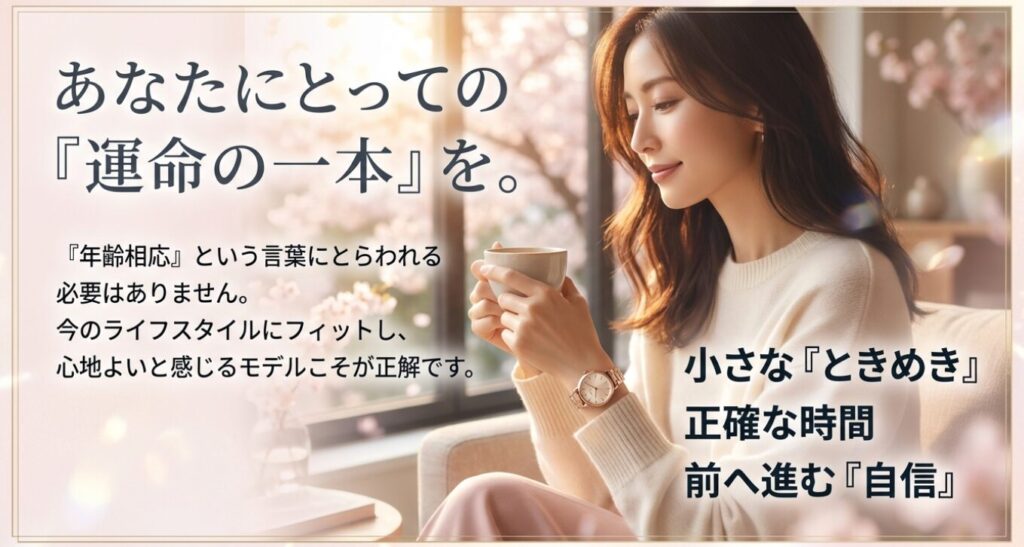 画像タイトル: あなたにとっての「運命の一本」を
代替テキスト: 「年齢相応という言葉にとらわれる必要はありません」というメッセージと、小さなときめき、正確な時間、前へ進む自信というキーワードが書かれた結びのスライド。