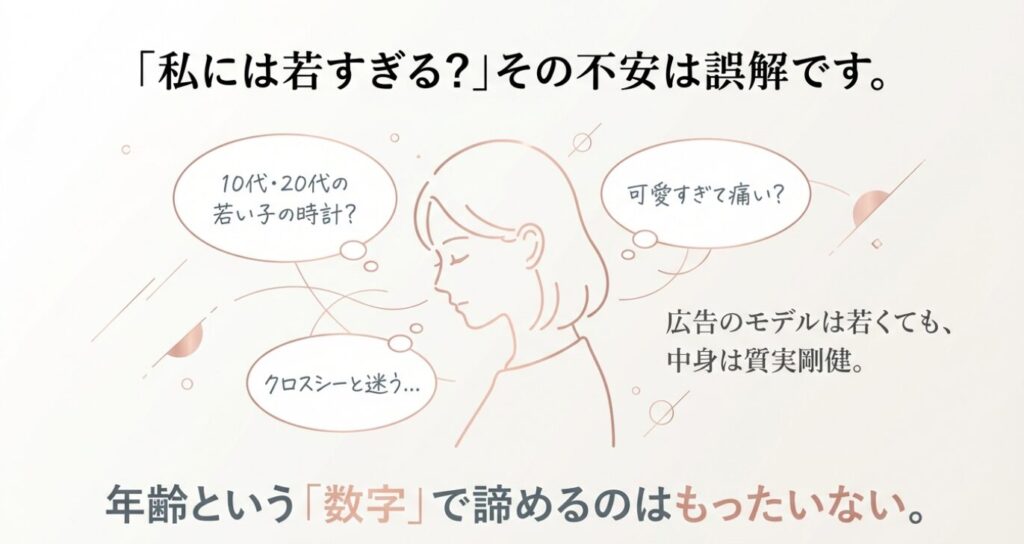 画像タイトル: 年齢に関する不安と誤解
代替テキスト: 「10代・20代の若い子の時計?」「可愛すぎて痛い?」と不安に思う女性のイラストと、「その不安は誤解です」というメッセージ。