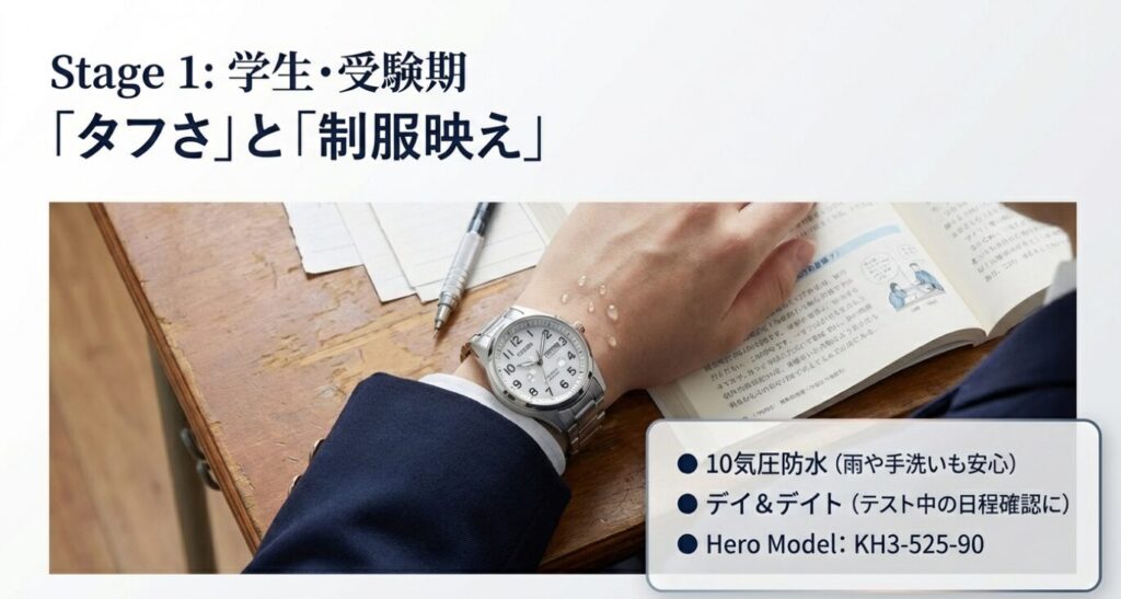 画像タイトル: Stage 1:学生・受験期におすすめのモデル
代替テキスト: 制服を着た学生の手元にあるウィッカの写真。「10気圧防水」「デイ&デイト」などの機能特徴と、学生・受験期に適していることを示すスライド。