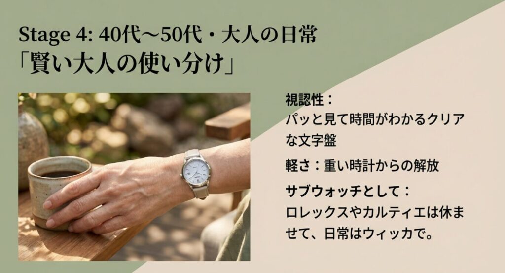 画像タイトル: Stage 4:40代〜50代の大人の賢い使い分け
代替テキスト: 40代・50代に向けた提案。「視認性」「軽さ」を重視し、メインの高級時計に対する「実用サブウォッチ」としての活用を勧めるスライド。