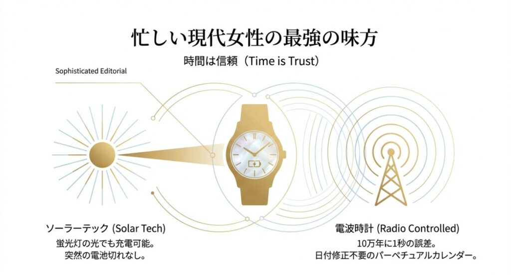 画像タイトル: ソーラーテックと電波時計の仕組み
代替テキスト: ソーラーテックによる充電と、電波時計による時刻修正の仕組みを図解したイラスト。「時間は信頼」というビジネスパーソン向けのメッセージ。