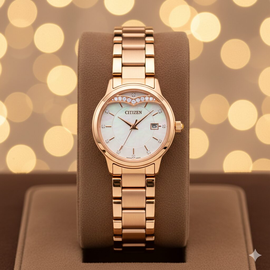 ケースの周囲にクリスタルガラスがあしらわれ、ティアラのように輝くシチズンウィッカのティアラスターコレクションのクローズアップ。